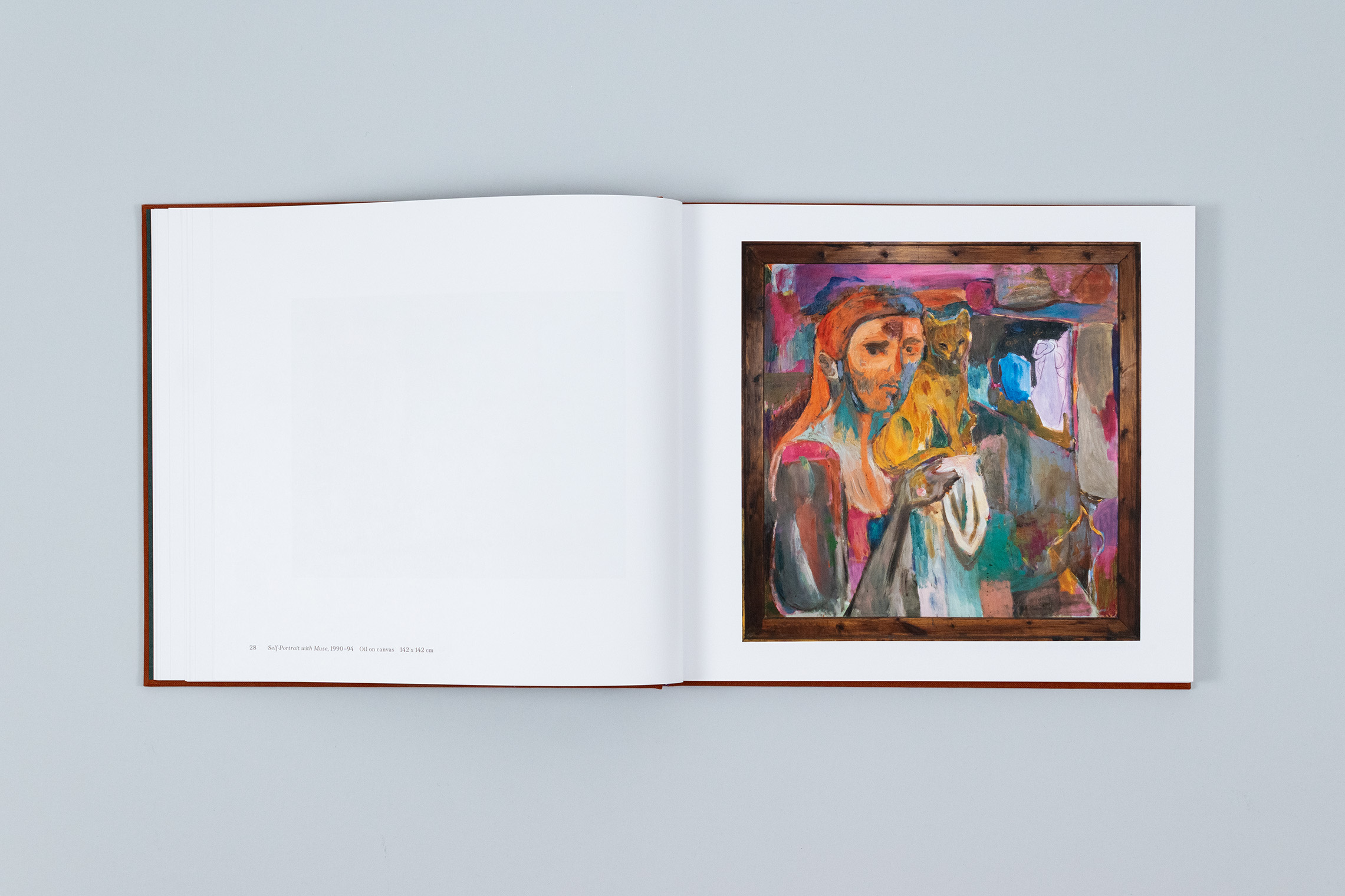 Carole Gibbons monograph spread featuring the large square format oil painting Self-Portrait with Muse, a colourful rendering of Gibbons holding her cat Orangie
