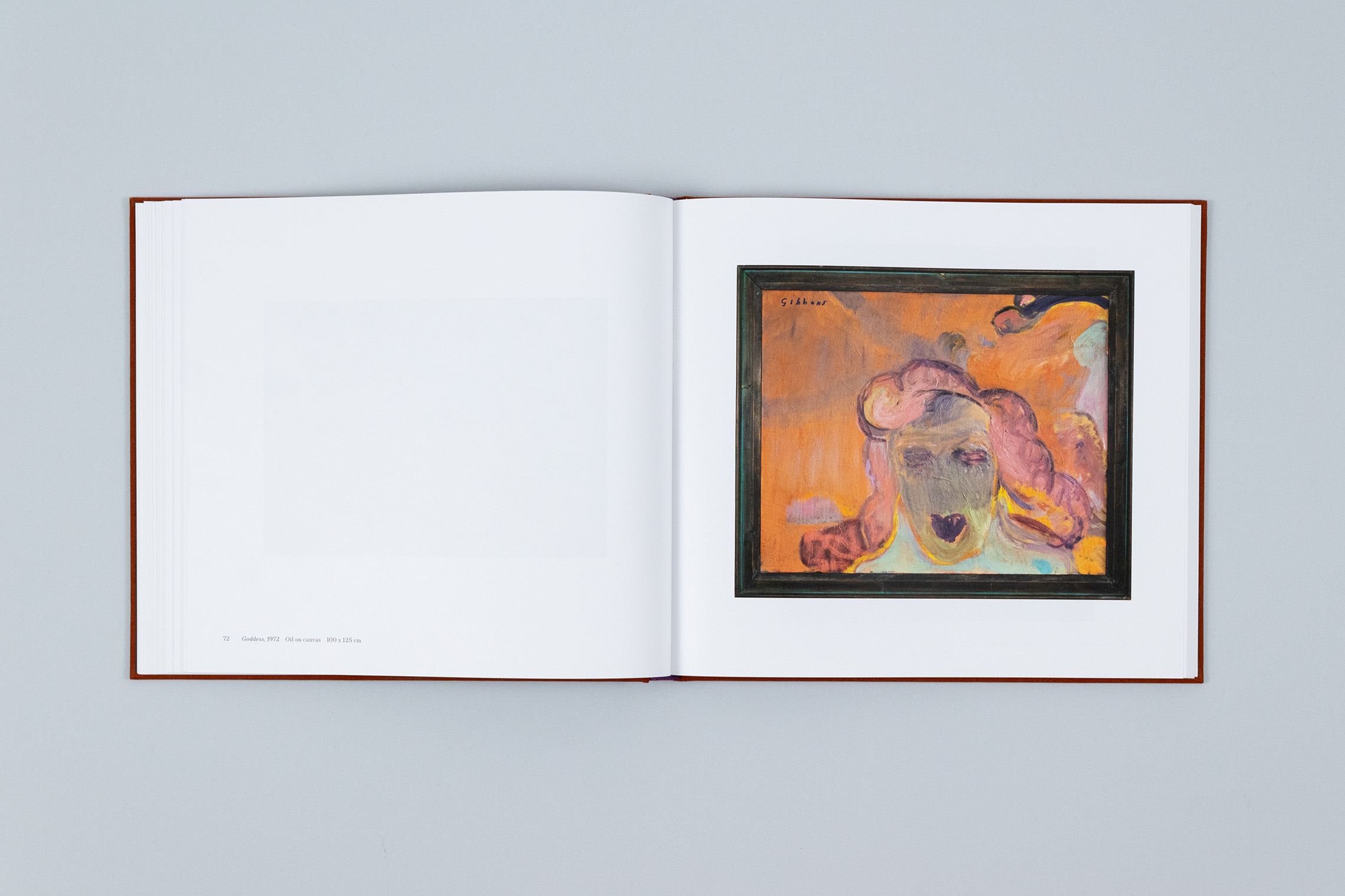 Carole Gibbons monograph spread with the painting Godess on the right page, an orange and red-toned close-up of a female visage