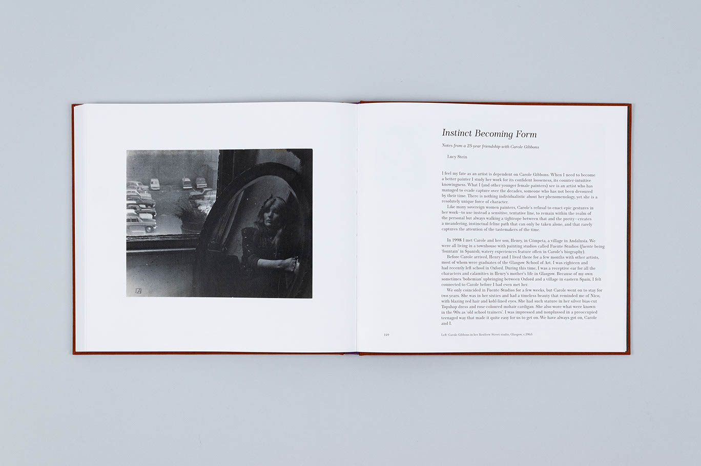 Carole Gibbons monograph spread with part of Lucy Stein's essay showing, as well as a vintage photograph of Carole Gibbons in her studio