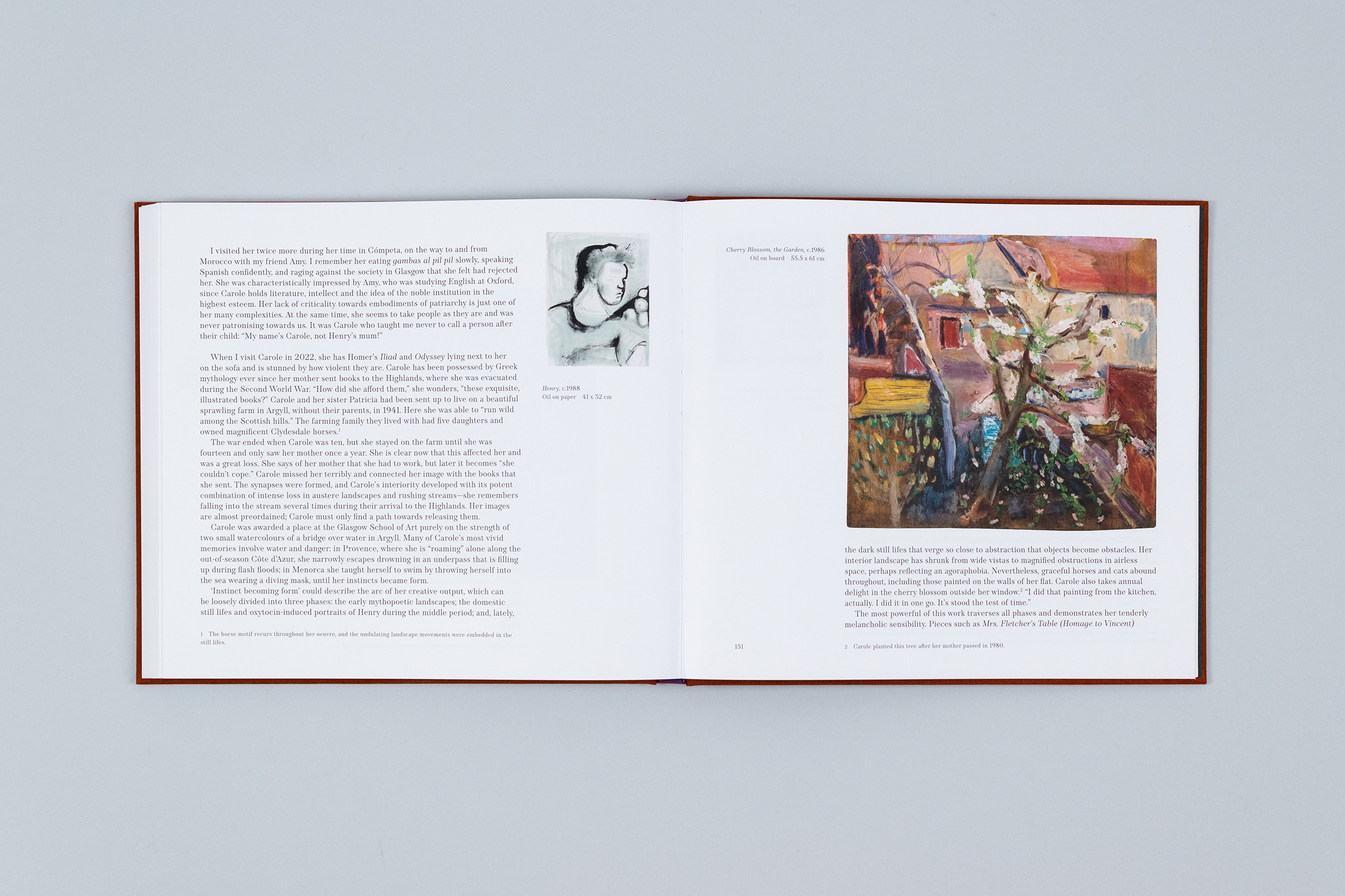 Carole Gibbons monograph spread with part of Lucy Stein's essay showing, with a drawing of her son Henry and painting of a tree