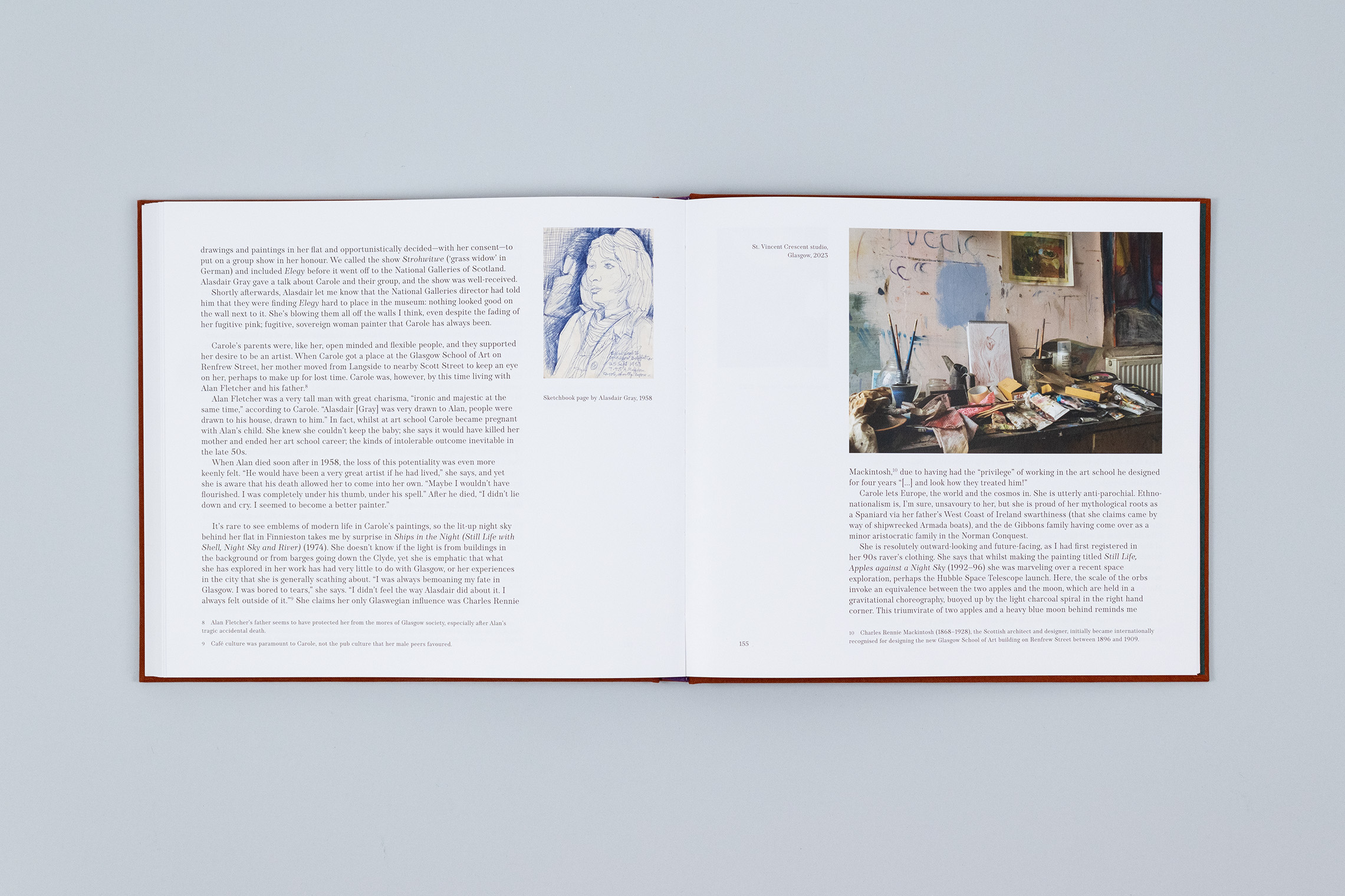 Carole Gibbons monograph spread with part of Lucy Stein's essay showing, as well as a photograph of Gibbons' studio and drawing by Alasdair Gray