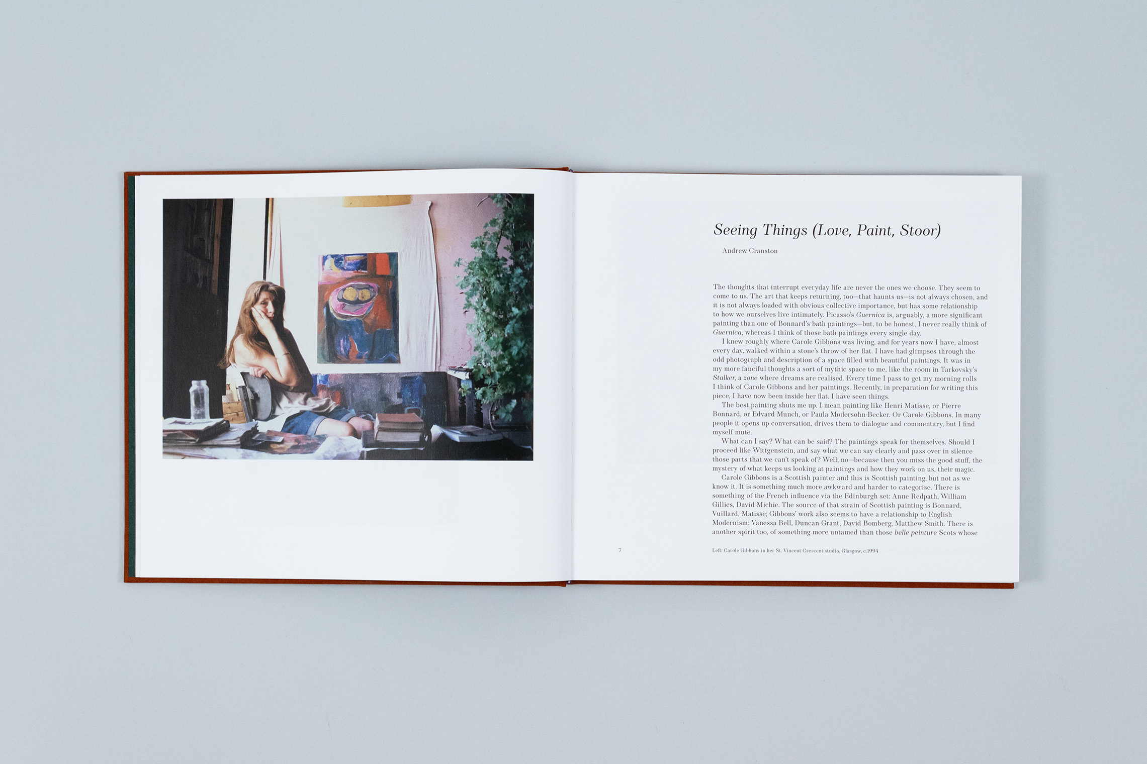 Carole Gibbons monograph spread with Andrew Cranston essay and vintage photograph of Carole Gibbons in her home studio