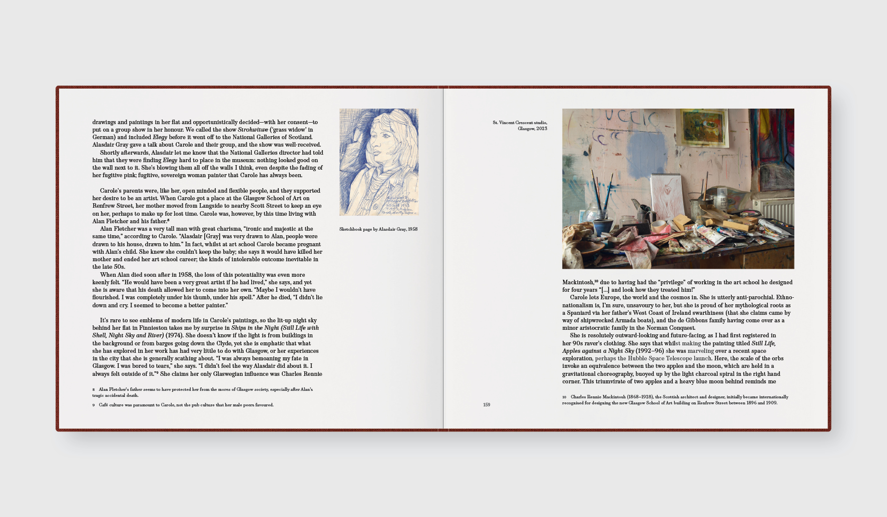 Carole Gibbons monograph spread with part of Lucy Stein's essay showing, as well as a photograph of Gibbons' studio